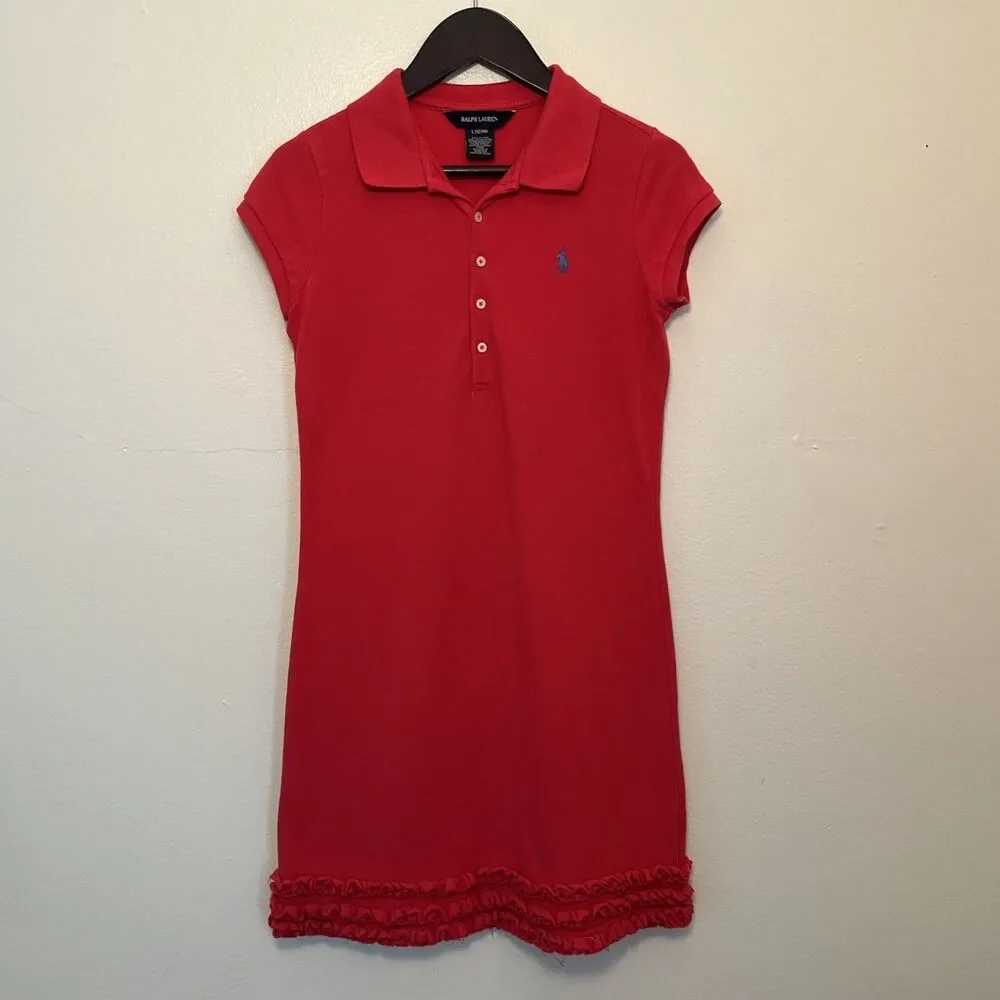 RALPH LAUREN Cotton Mesh Ruffle Hem Polo Pony Dress, Red- Size L (12/14)